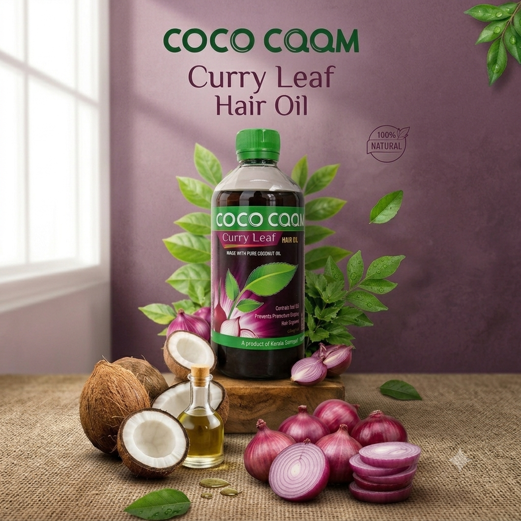Coco Caam Curry Leaf Hair Oil bottle with coconut and curry leaves